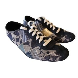 Coach Patchwork Sneakers Womens 8.5 Blue New Denim Signature Logo Suede Gold